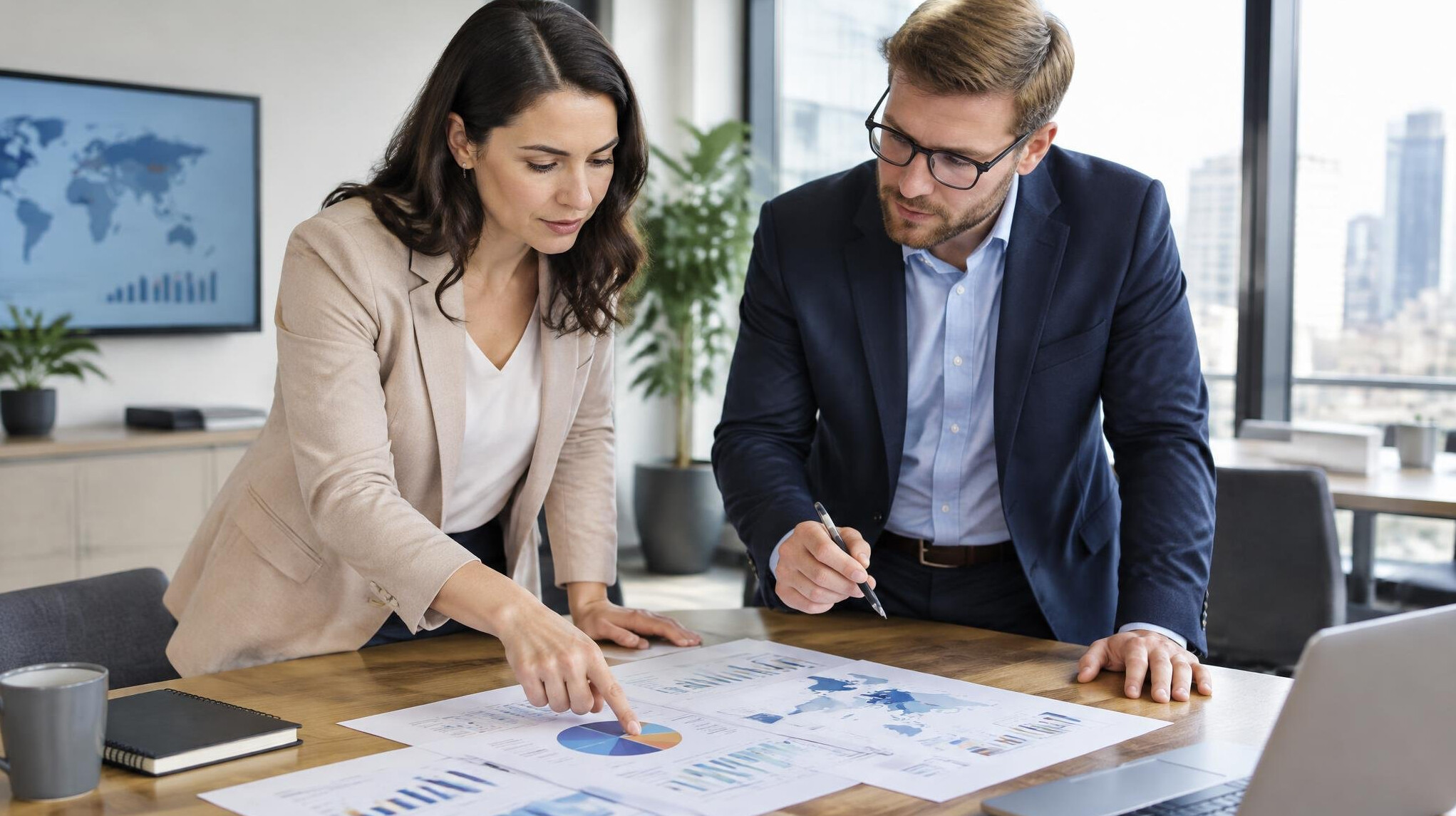 Analysts reviewing retail distribution documents together