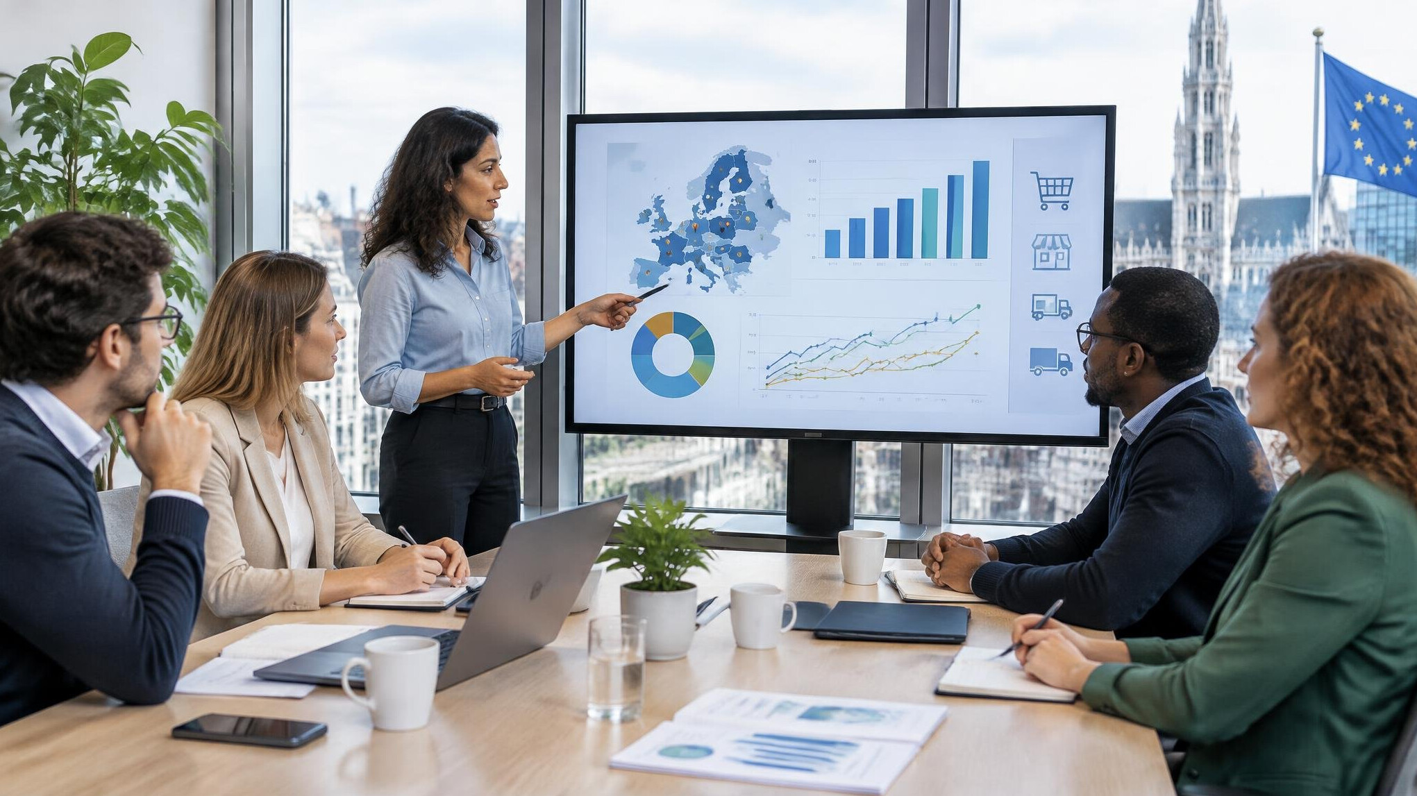 Business team analyzing retail distribution charts in a modern office