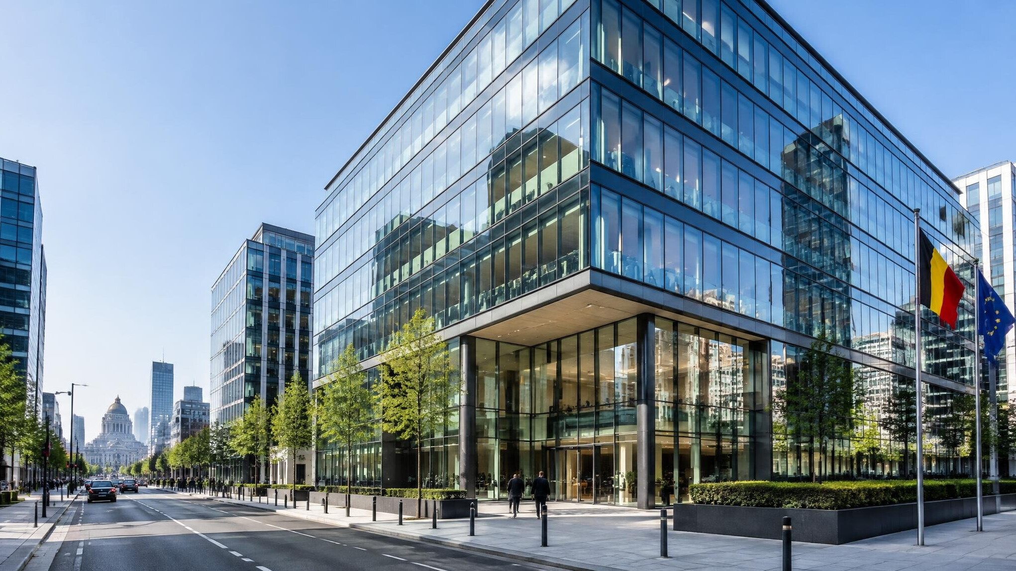 Modern office building exterior in a Belgian business district
