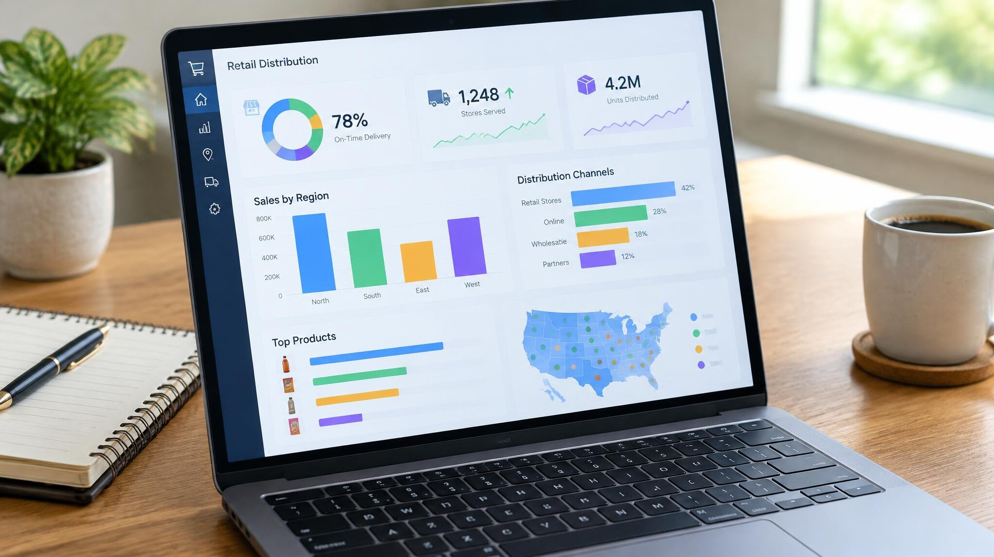 Laptop displaying market data charts on an office desk