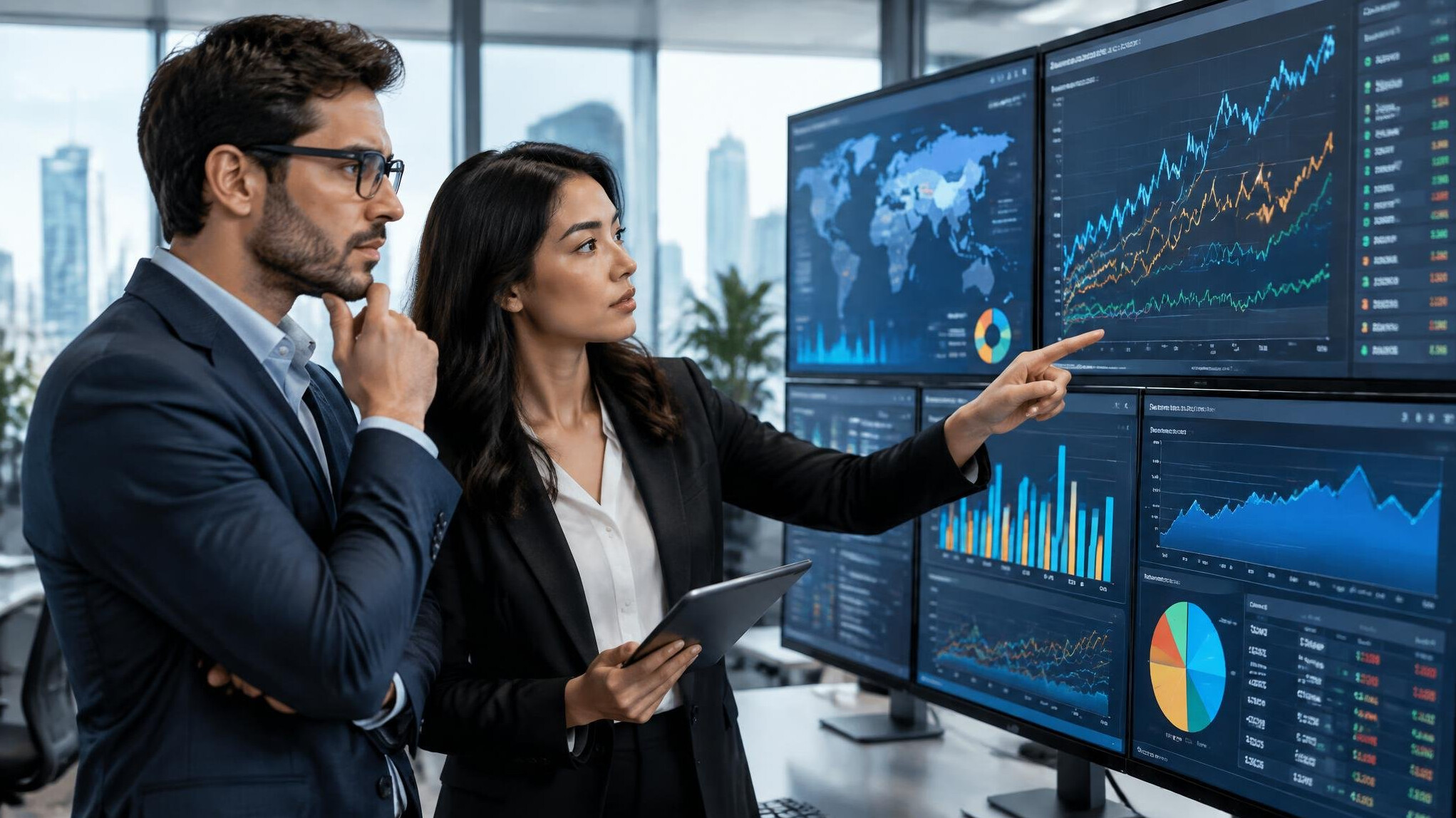 Analysts reviewing competitive market data on screens