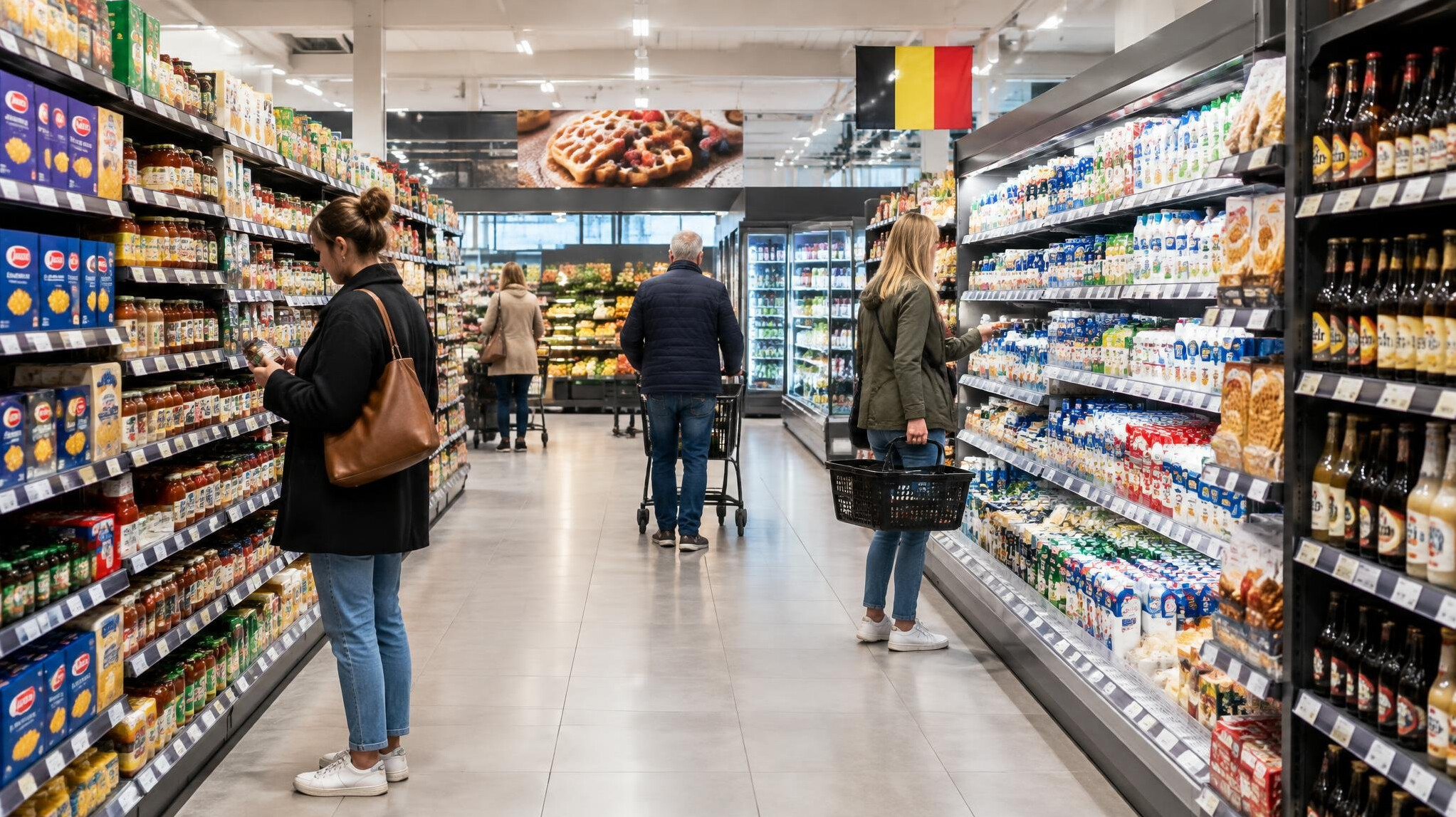 Retail store shelves with products and shoppers